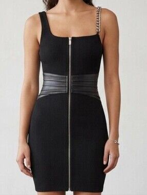 Maniere De Voir Chain Strap Leather Contrast Body Con Rib Knit Zip Up Dress 2